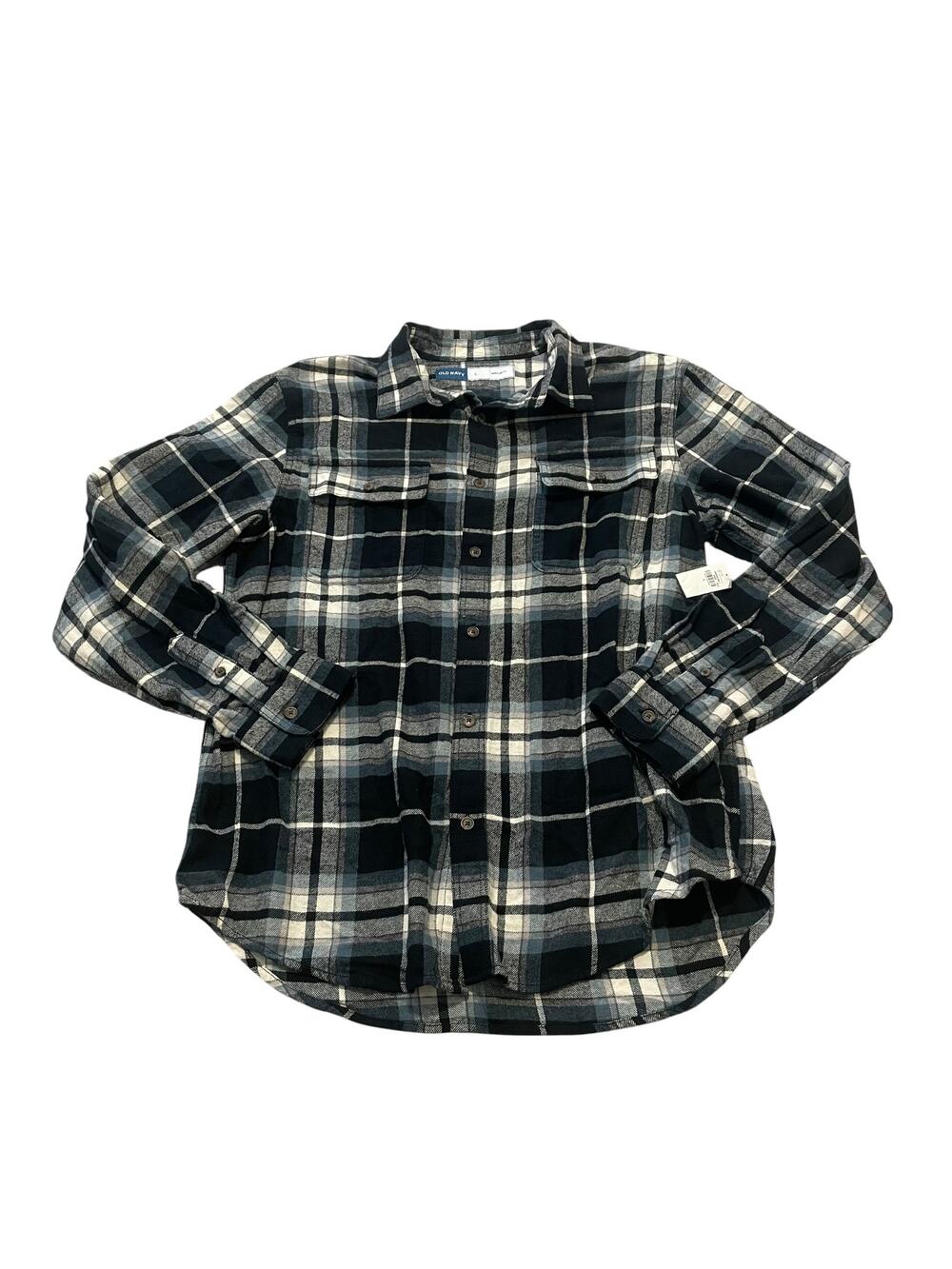 Old Navy Men’s Flannel Shirt Black Grey White Button Up 100% Cotton LARGE